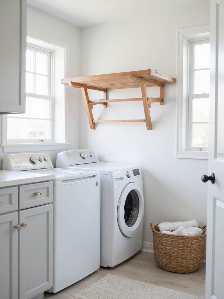 Modern laundry room with wall-mounted wooden drying rack