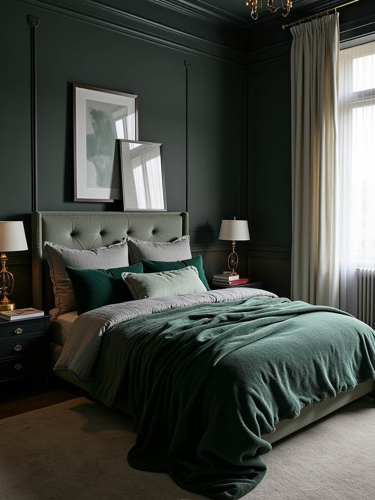 Moody and dramatic bedroom with charcoal gray walls, emerald green accents, and gold lighting.