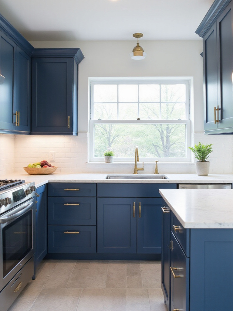 Navy blue kitchen cabinets with marble countertops and brass hardware.