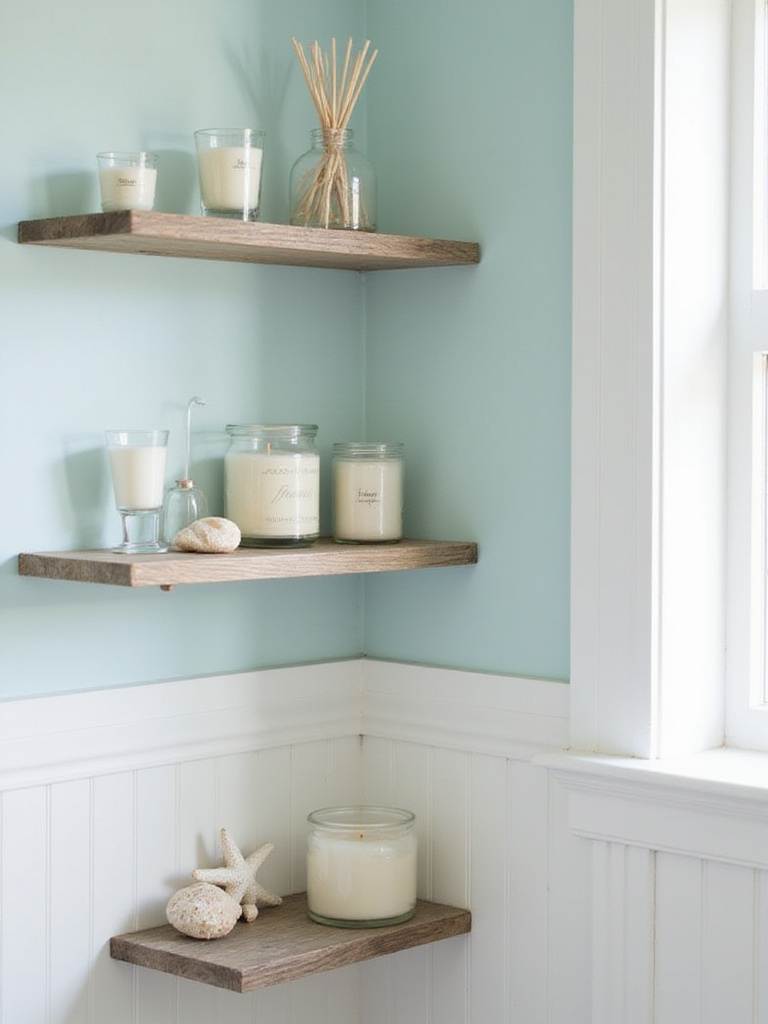 Coastal bathroom shelf with candles and reed diffuser for ocean-inspired scent.
