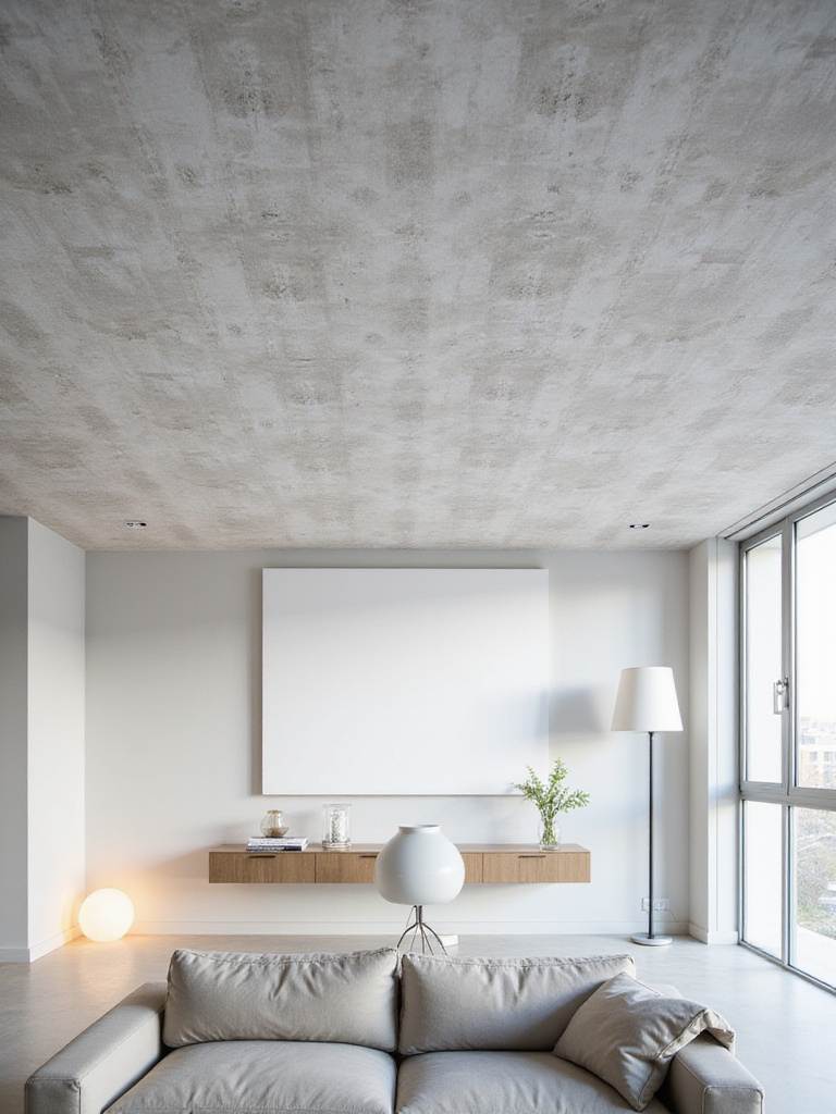 Living room with geometric textured wallpaper on the ceiling.