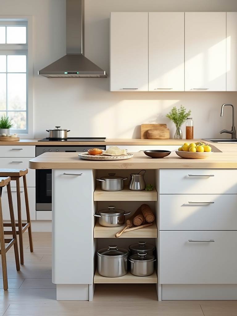 Small kitchen design featuring a multi-functional kitchen island with storage and breakfast bar.