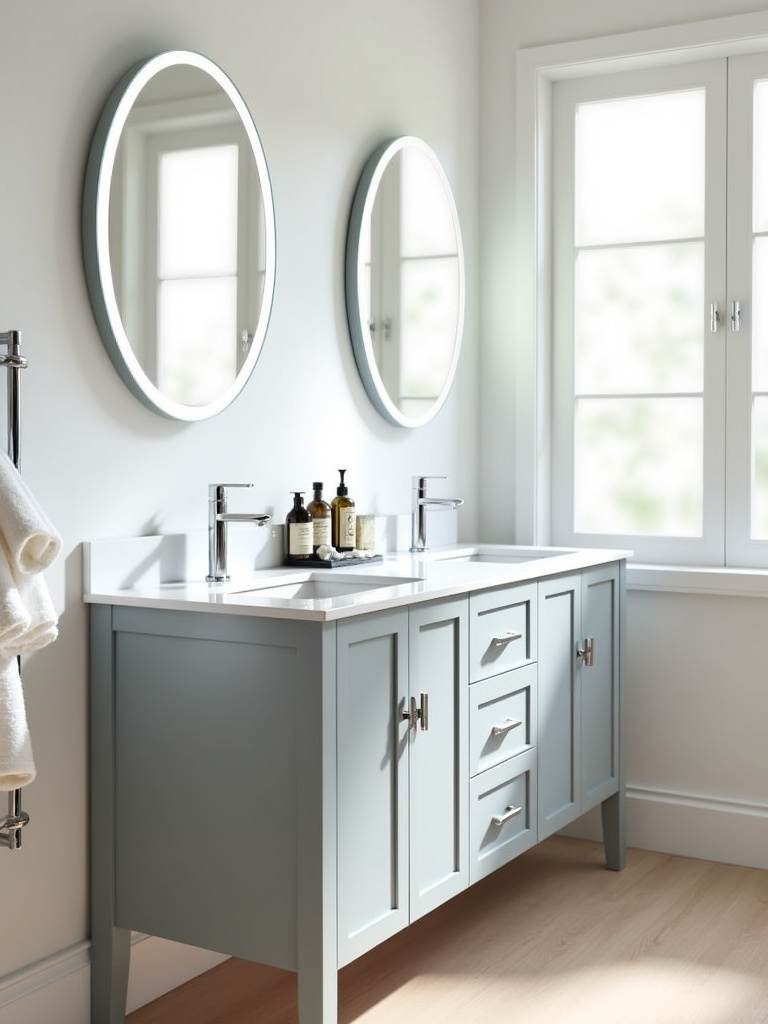 Modern bathroom with a light gray double sink vanity, two round mirrors, and ample counter space.