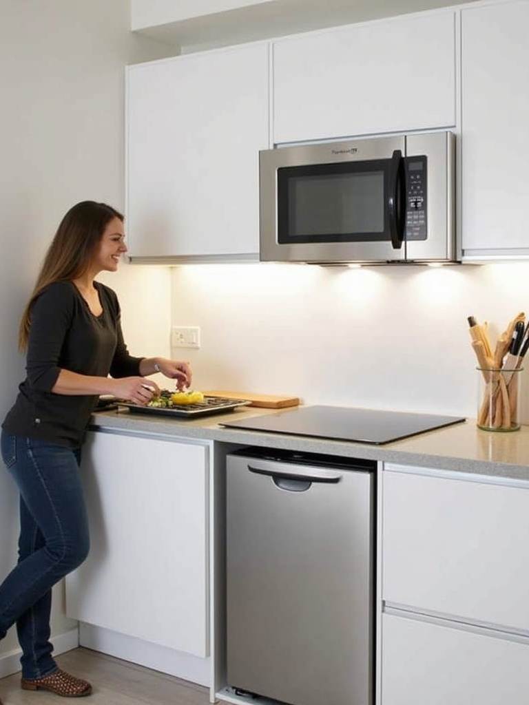 Small kitchen design with compact appliances maximizing space and functionality.