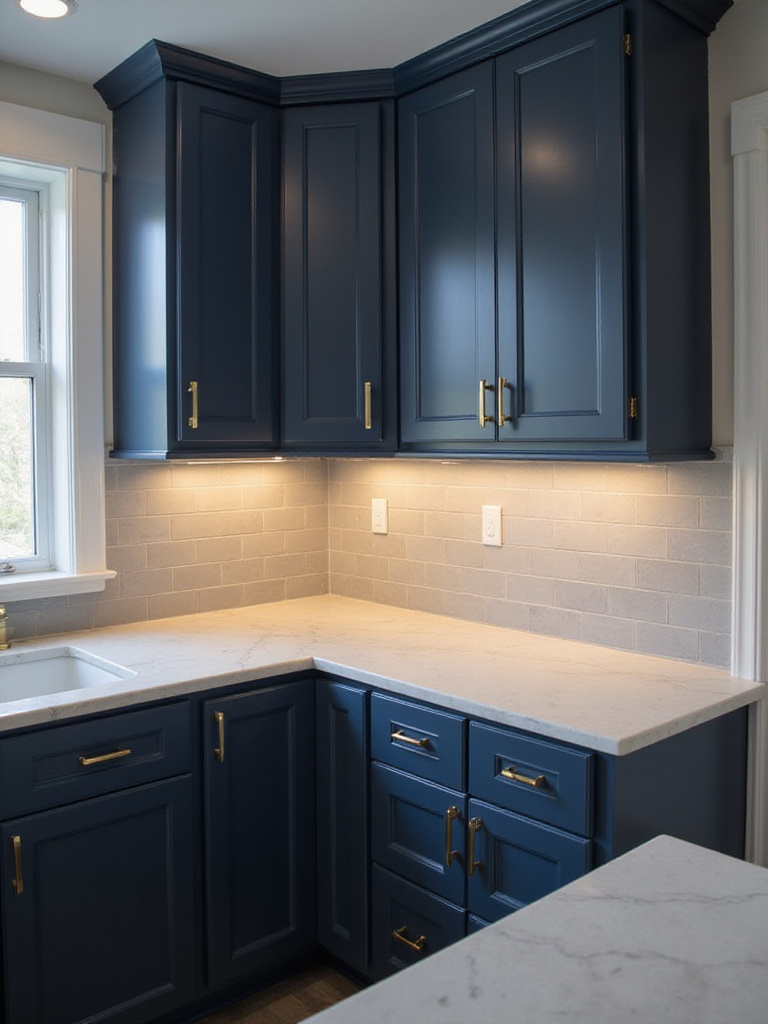 Modern kitchen with dramatic dark navy blue cabinets and white quartz countertops.