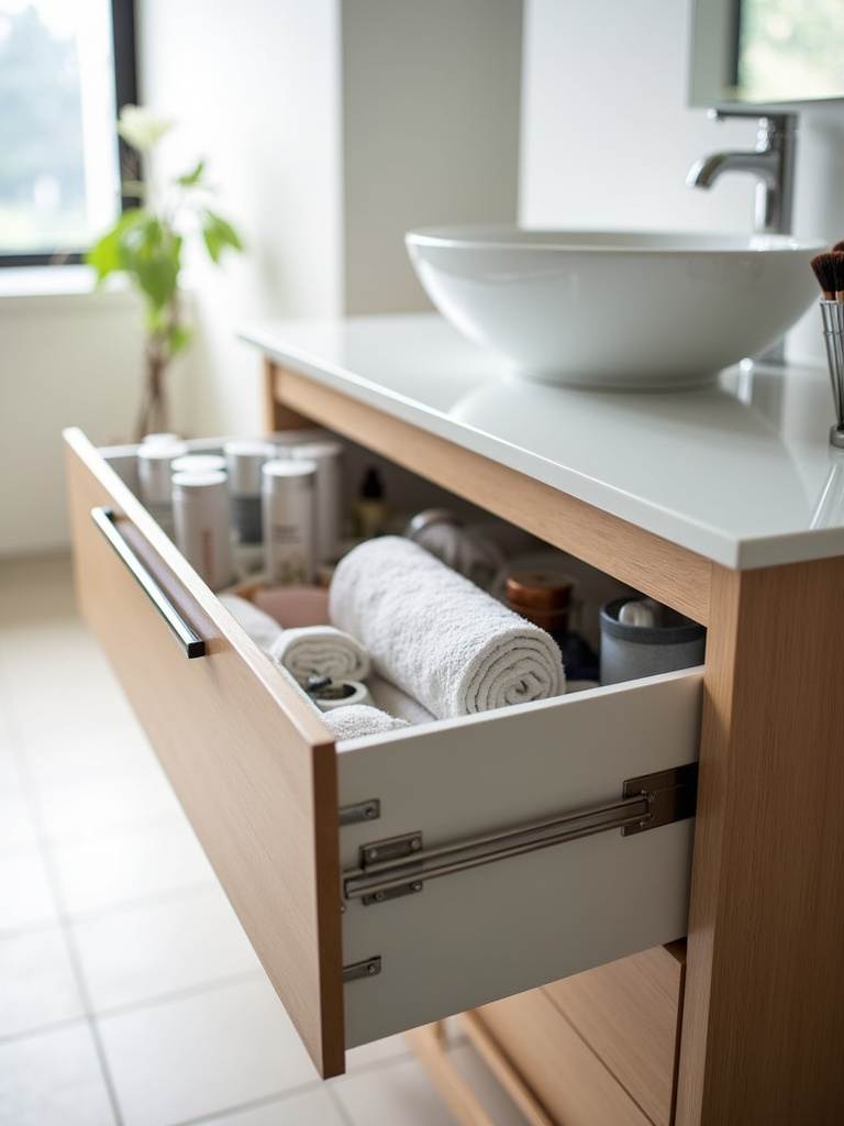 Drawer-equipped bathroom vanity with organized storage solutions for a clutter-free bathroom