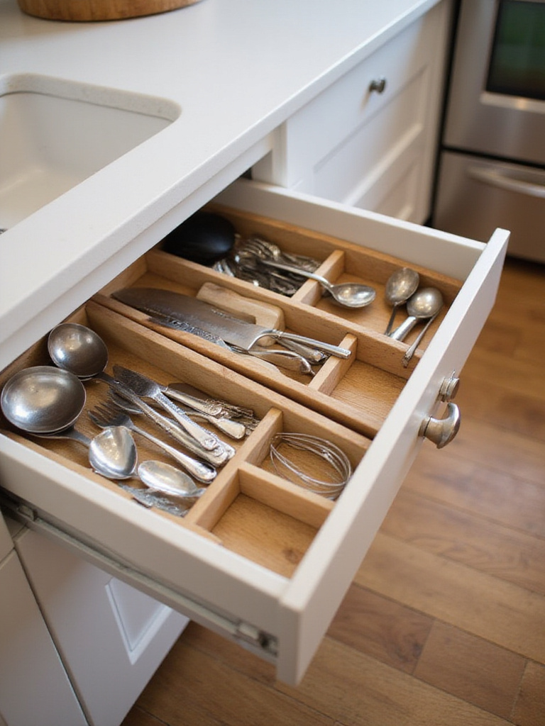 Well-organized kitchen drawer with wooden adjustable utensil organizer, maximizing space and order.