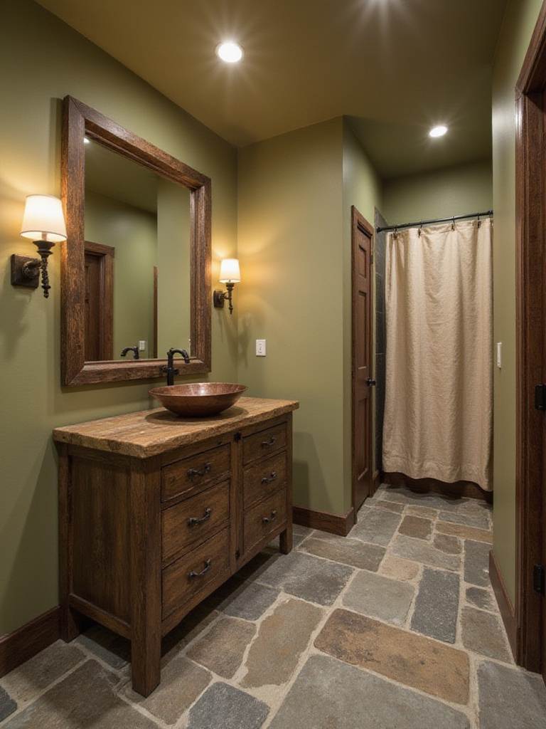 Rustic bathroom with earthy sage green walls, slate floor, and reclaimed wood vanity.
