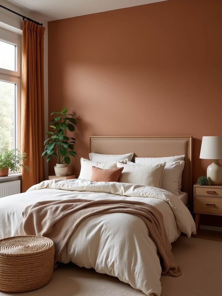 Earthy Elegance Bedroom: Terracotta Accent Wall and Ochre Curtains