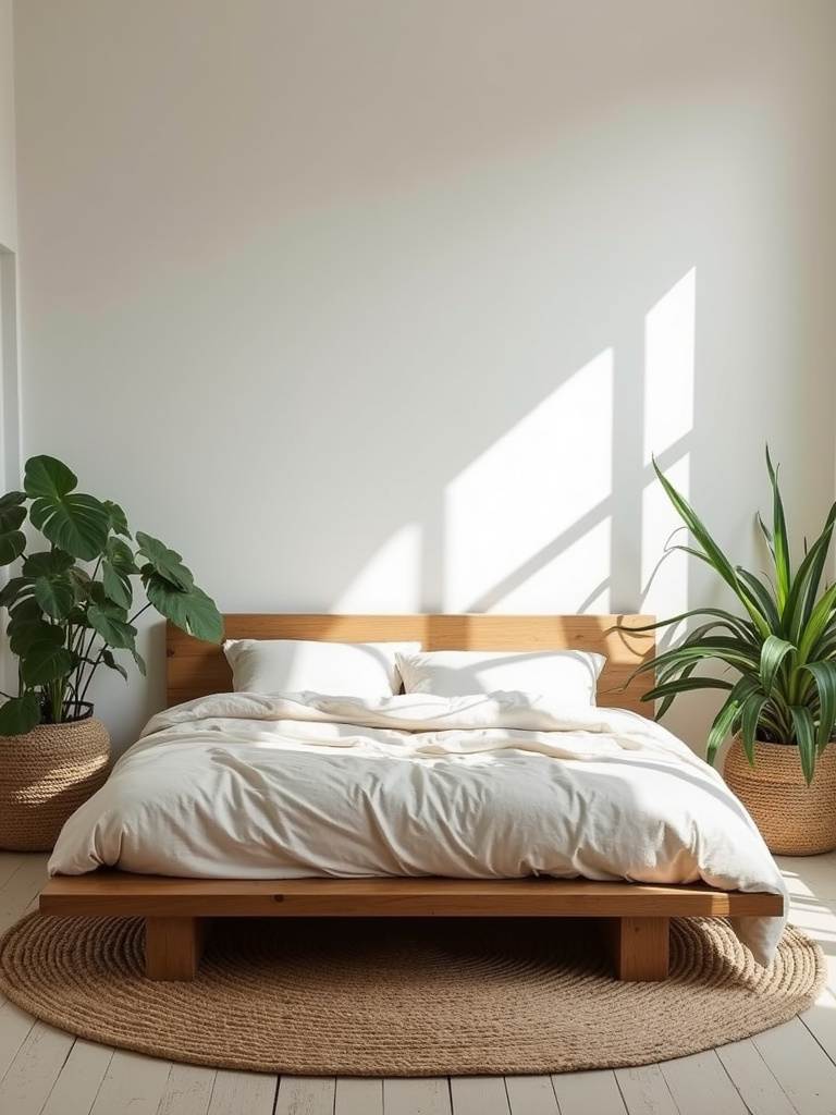 Eco-friendly bedroom with reclaimed wood bed, organic cotton bedding, and natural light.