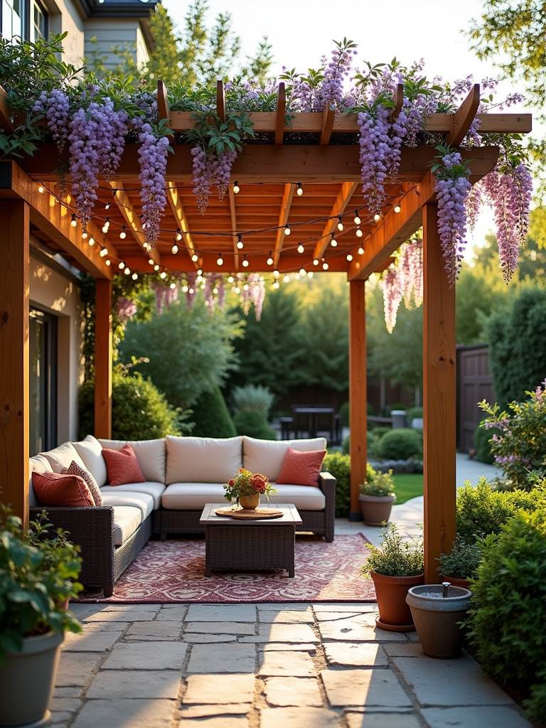 Stylish cedar pergola with wisteria climbing on a backyard patio, creating shade and charm for outdoor living.
