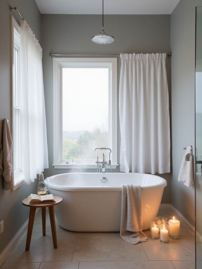 Spa-inspired ensuite bathroom with soaking tub, candles, and soft lighting.