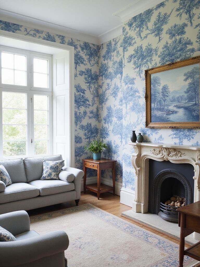 Traditional living room featuring blue and white Toile de Jouy wallpaper as an accent wall.