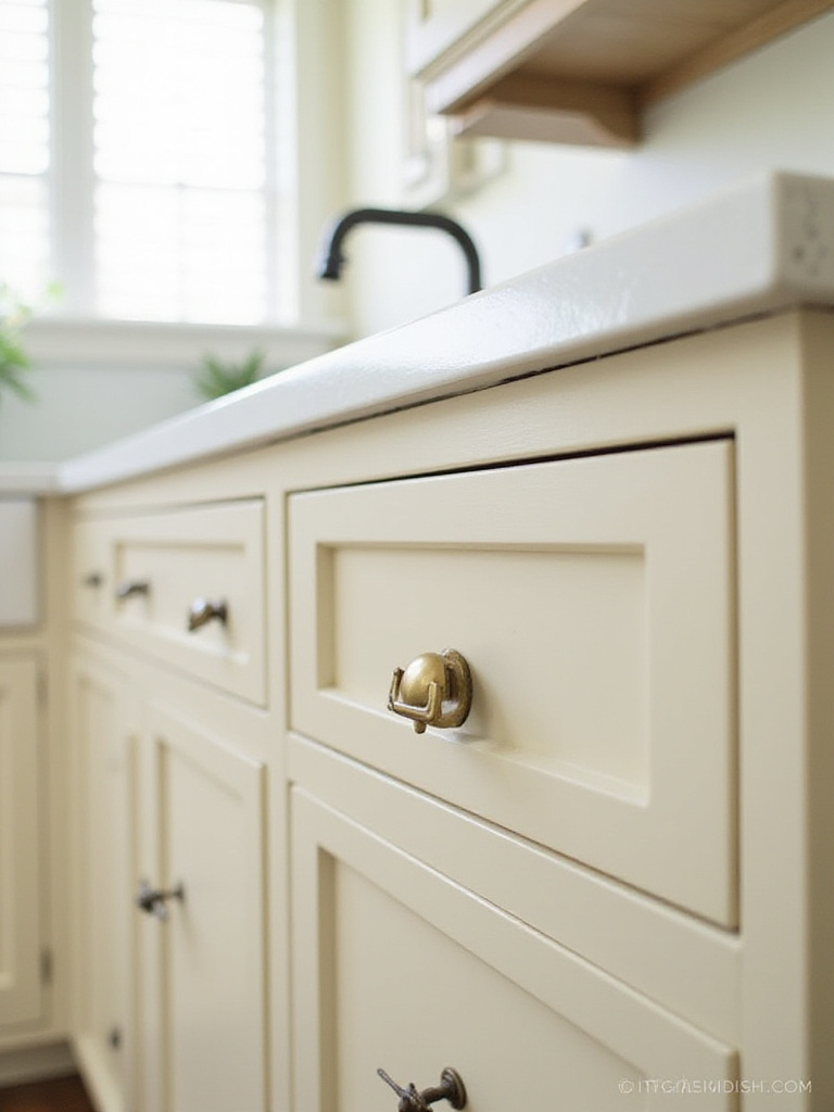 Cottage kitchen cabinets with vintage brass bin pulls and porcelain knobs