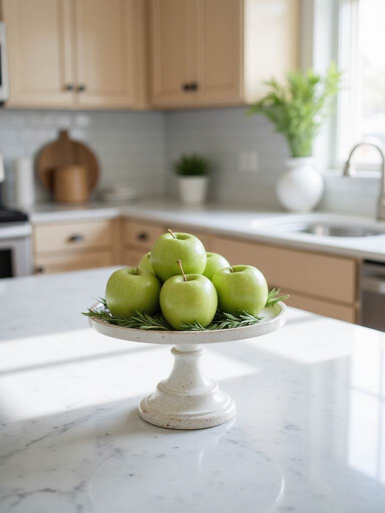 Cake stand with green apples on a kitchen island