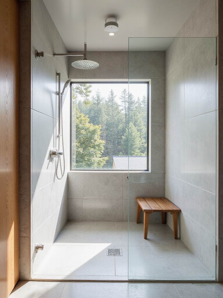 Modern walk-in shower with curbless entry and linear drain