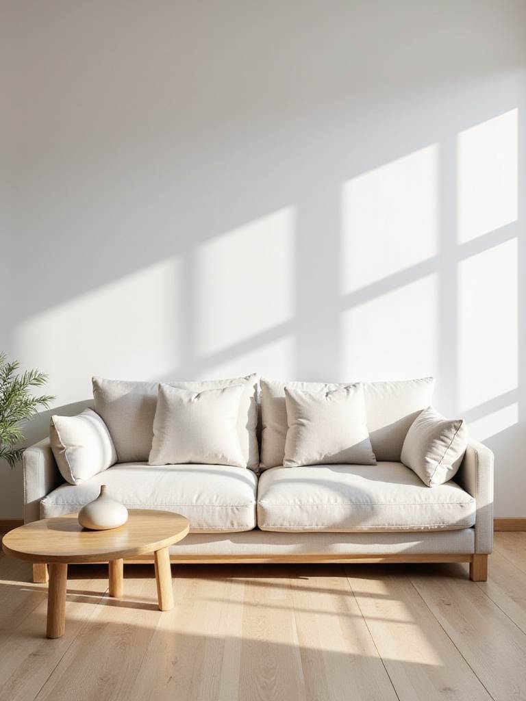 Minimalist Scandinavian living room with white walls, light wood floor, and simple, uncluttered decor.