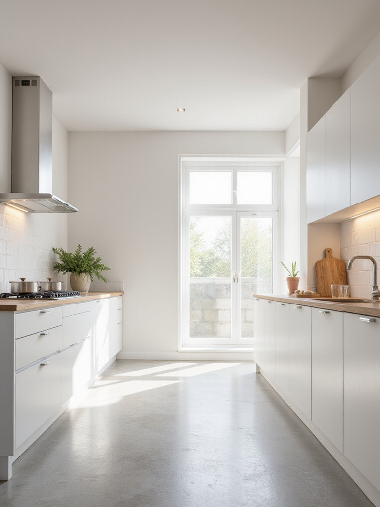 Modern minimalist kitchen design with clean lines and white cabinets