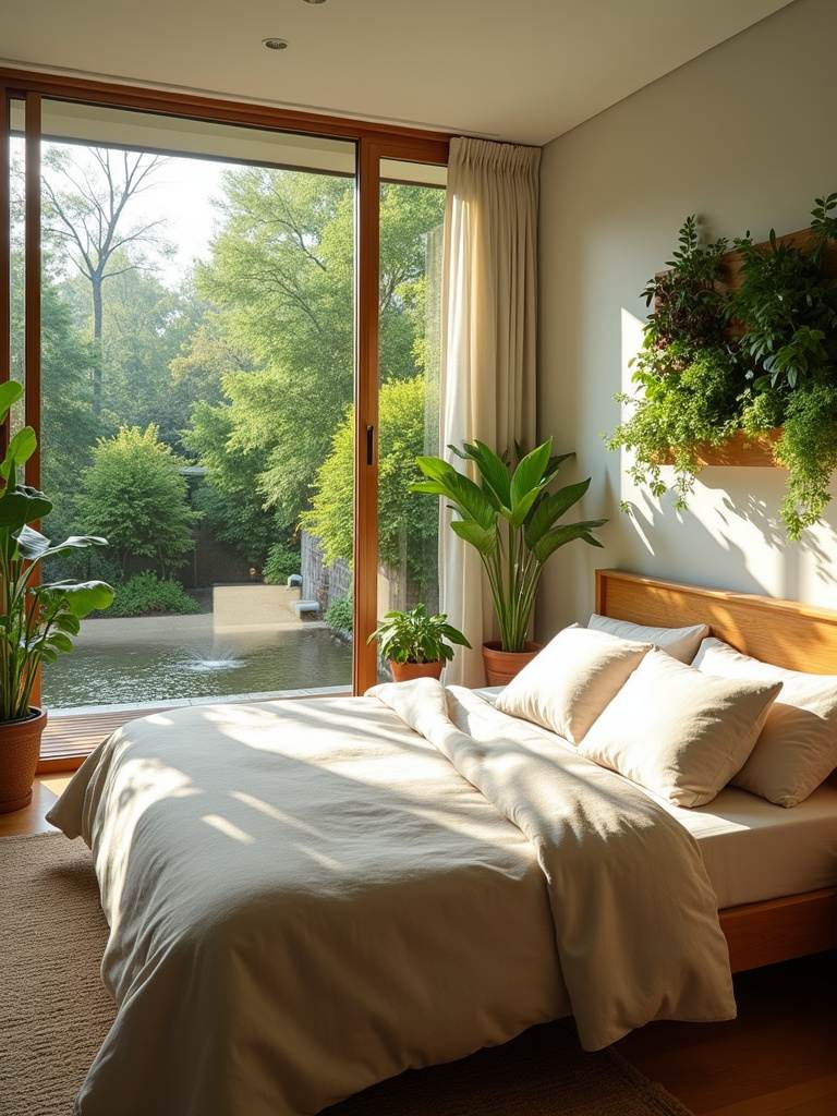 Biophilic bedroom design featuring natural light, plants, and organic materials for a tranquil and relaxing atmosphere.