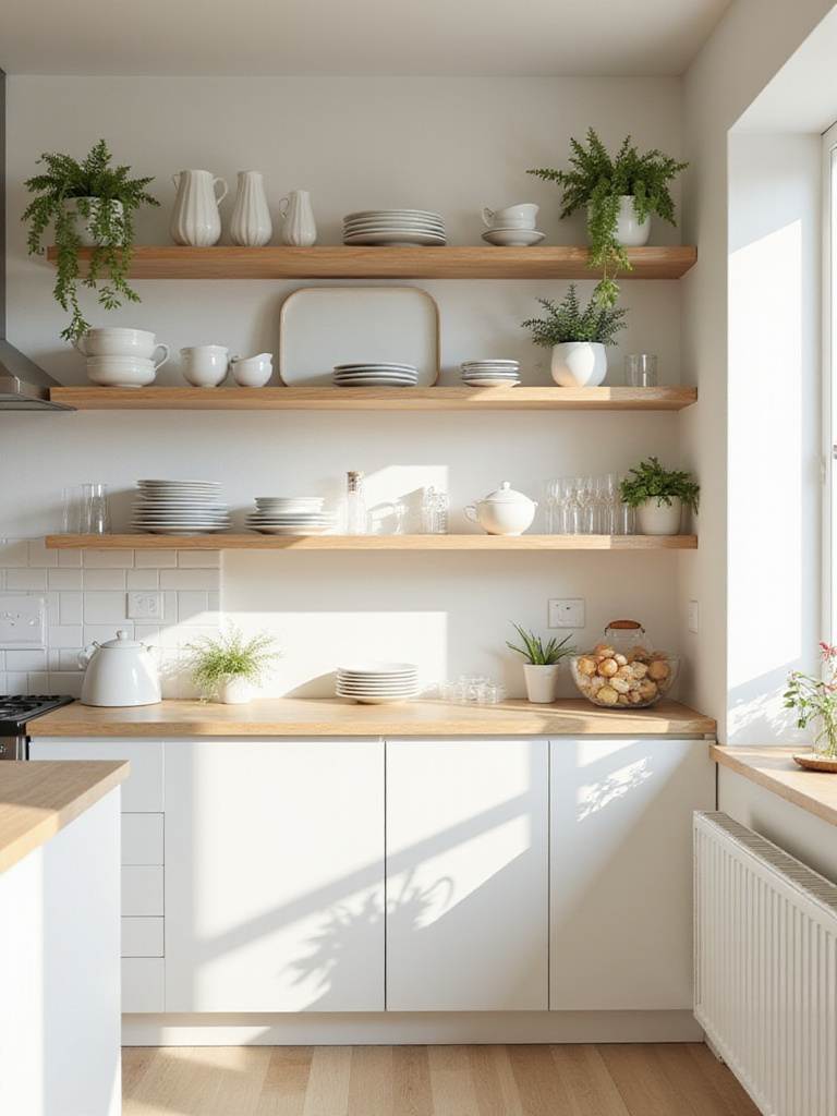Small kitchen with light wood open shelving displaying white dishes and glassware, creating an airy feel.