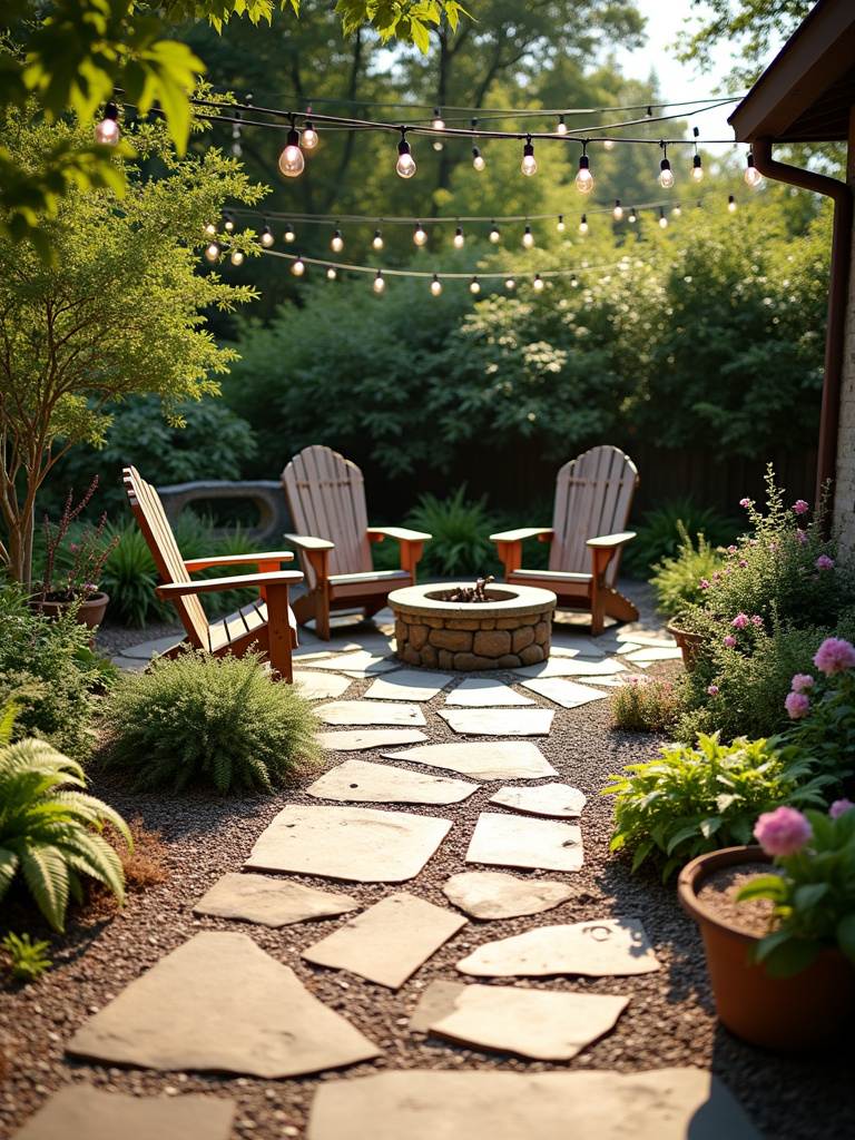 Rustic backyard patio with natural stone pavers and a stone fire pit.