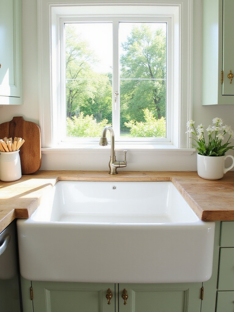 White fireclay farmhouse sink with butcher block countertop in a cottage kitchen.