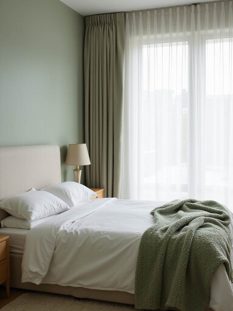Calming master bedroom with sage green walls and white linen bedding