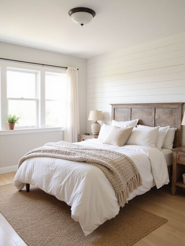 Serene farmhouse bedroom with neutral color palette and layered textures