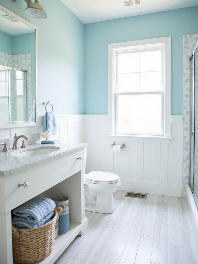 Coastal bathroom with soft blue walls and white wainscoting.