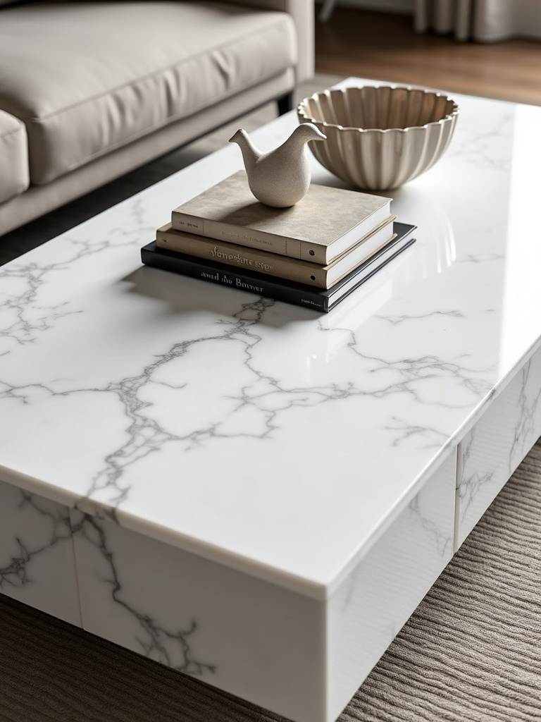 Coffee table styled with books, a ceramic bird, and a glass bowl, emphasizing negative space for a minimalist aesthetic.