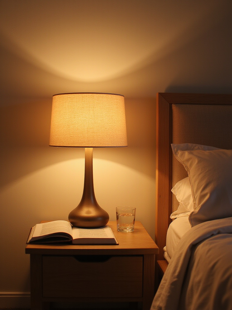 Cozy bedroom with warm bedside table lamp lighting