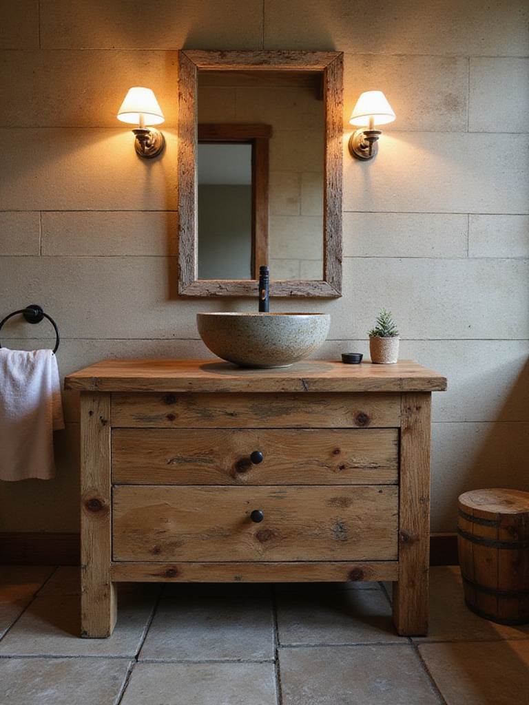 Rustic bathroom featuring a wooden vanity made of reclaimed barn wood and a vessel sink.