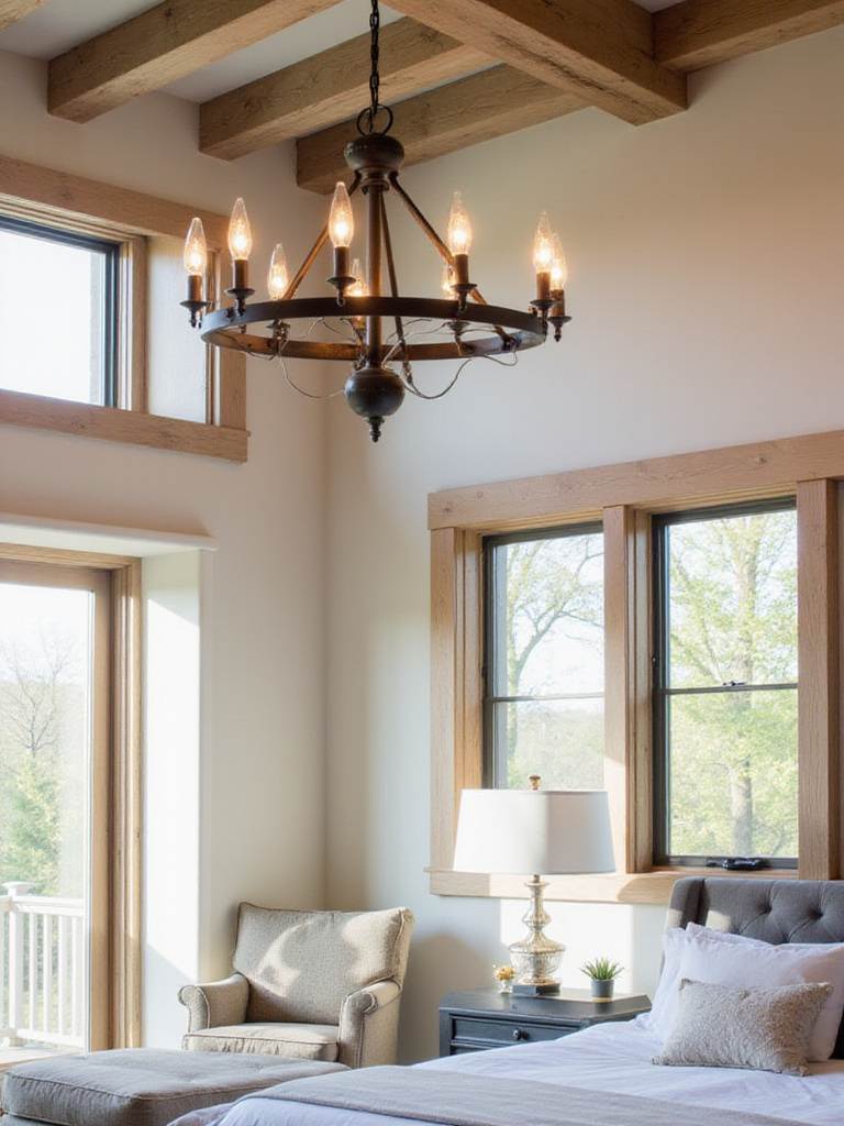 Master bedroom with a statement wrought iron chandelier.