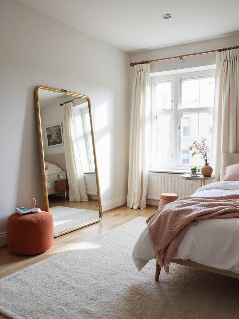 Modern master bedroom with a full-length mirror enhancing space and light.