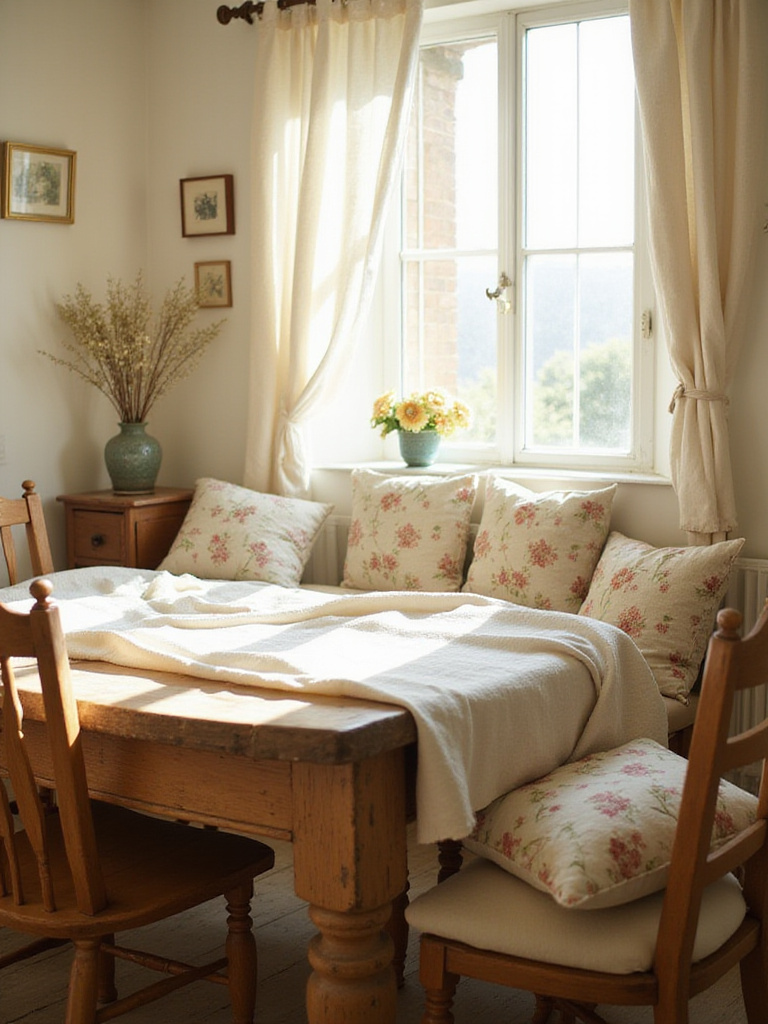 Cottage kitchen with linen tablecloth, cotton curtains, and floral cushions.