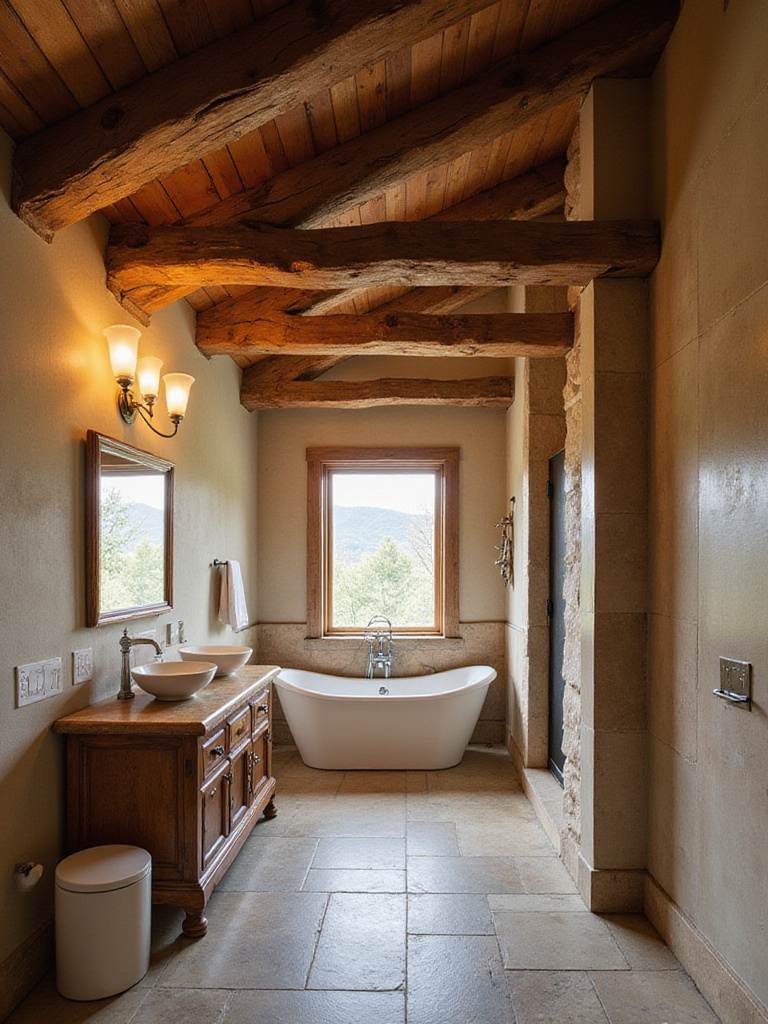 Rustic bathroom with exposed wood beams on the ceiling, freestanding tub, and stone shower.