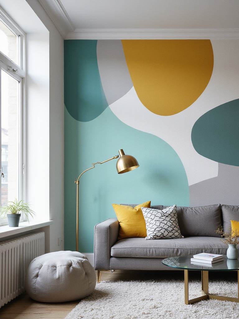 Living room with abstract geometric wallpaper accent wall.