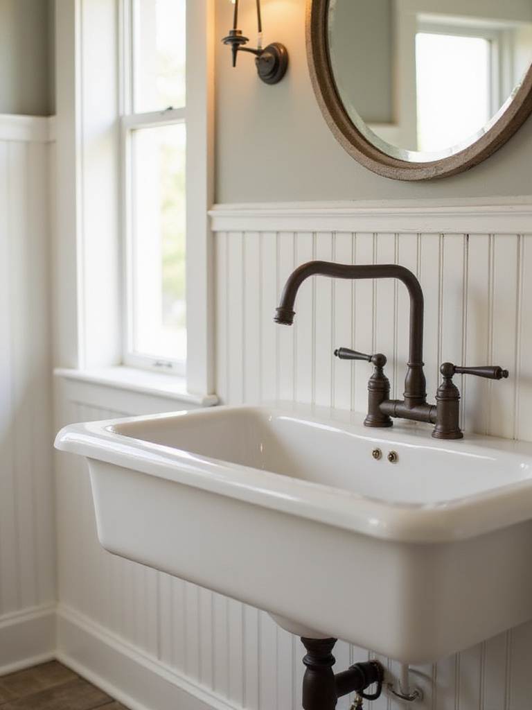 Farmhouse bathroom sink with oil-rubbed bronze gooseneck faucet