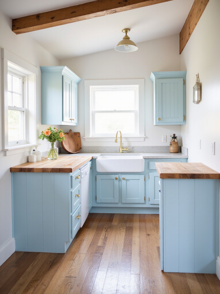Light blue painted wood cabinets and island in a farmhouse kitchen.