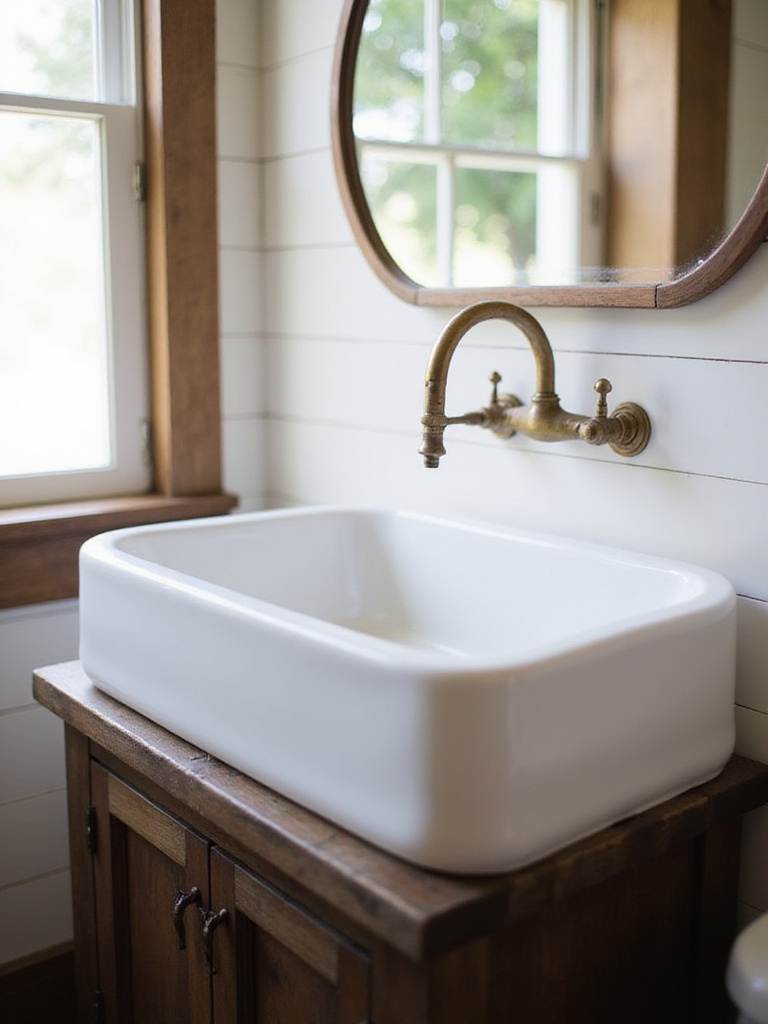 Rustic bathroom with white farmhouse sink and reclaimed wood vanity