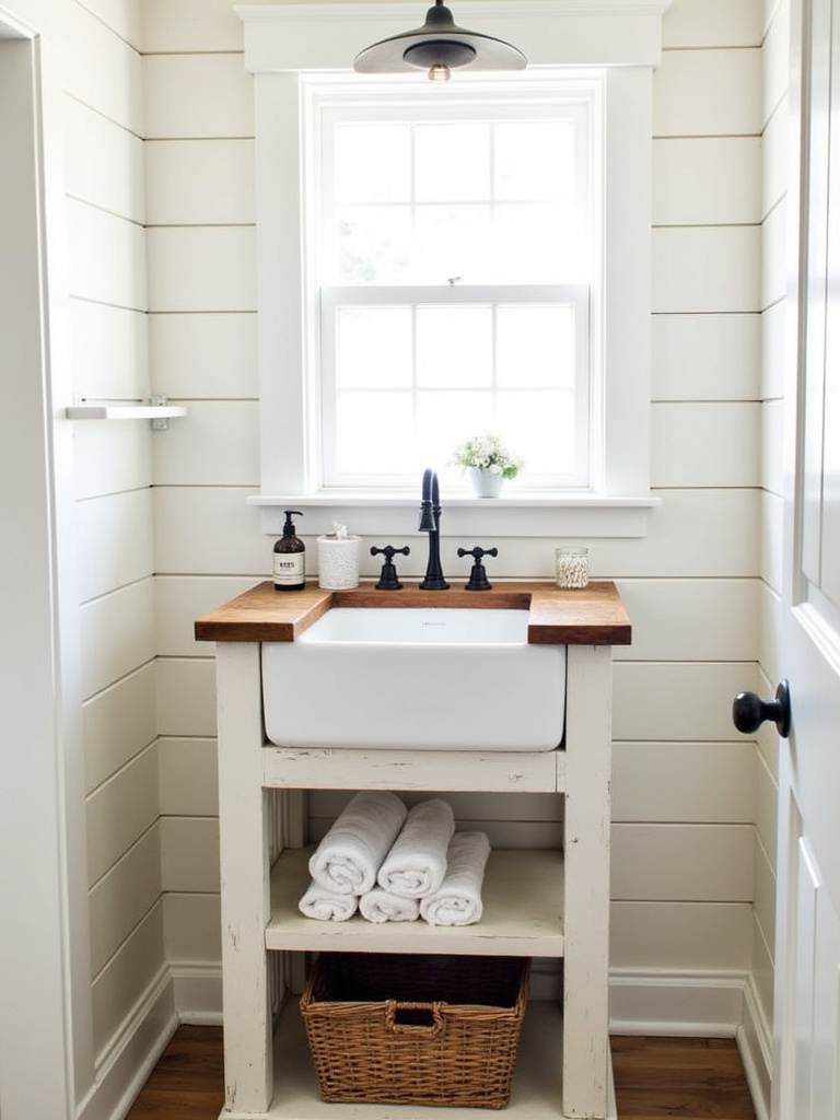 Farmhouse bathroom vanity with reclaimed wood countertop and distressed white finish.