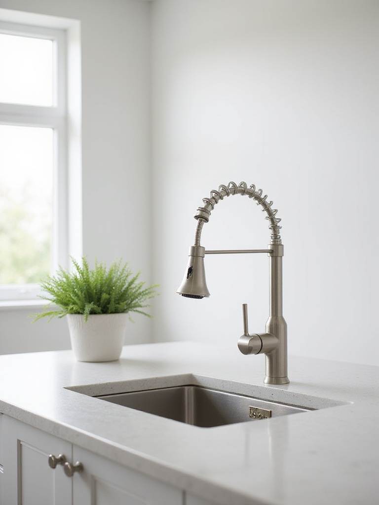 Brushed nickel kitchen faucet upgrade on white countertop
