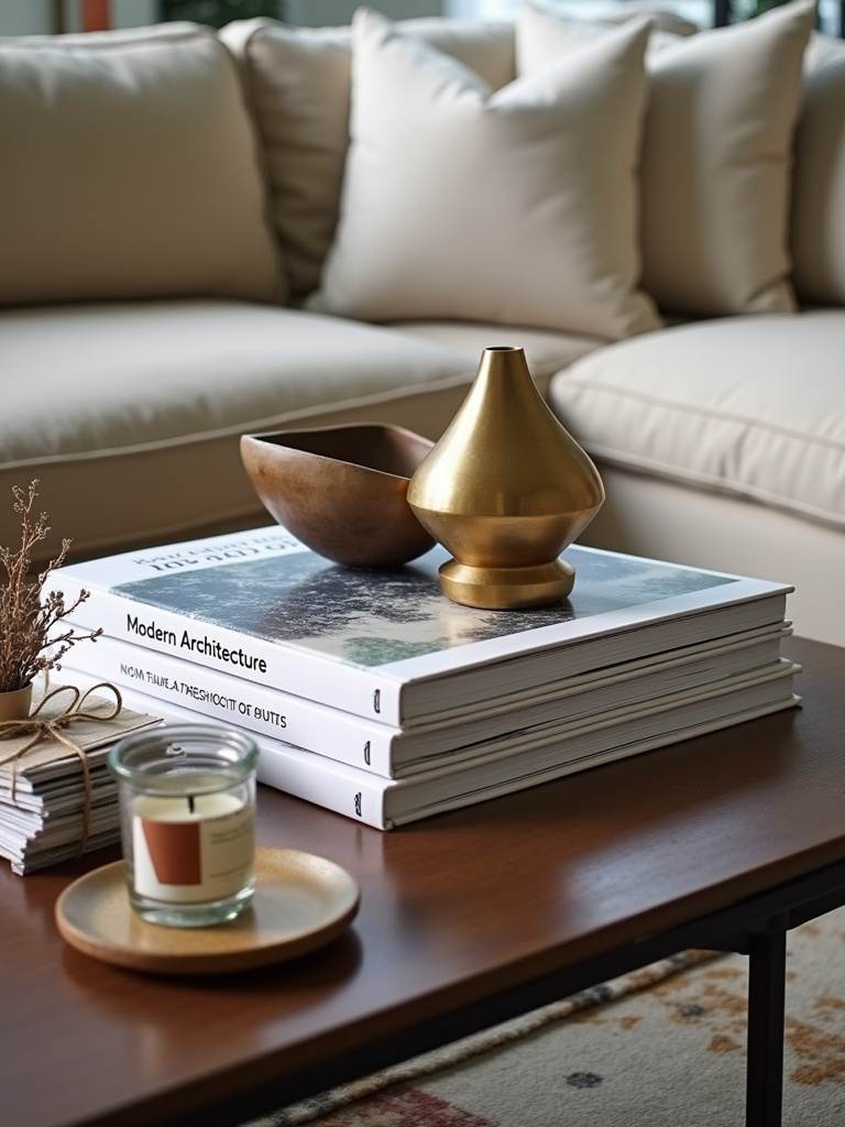 Coffee table styling with a focal point: a stack of books topped with a brass sculpture.