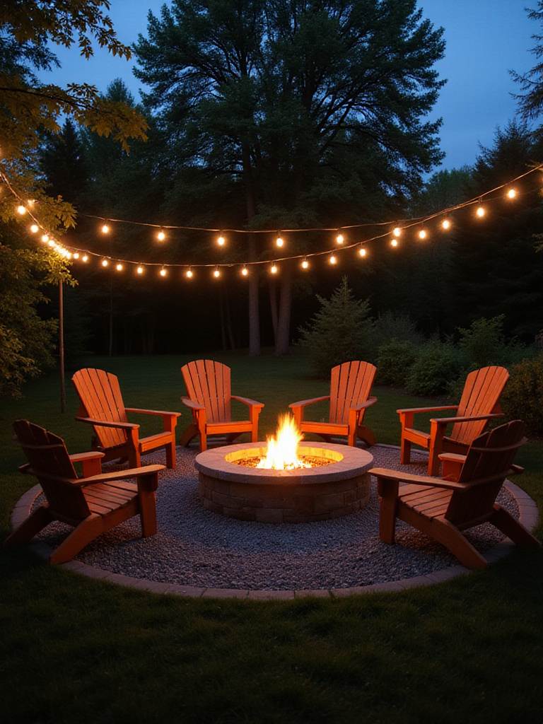 Cozy backyard fire pit with Adirondack chairs and string lights