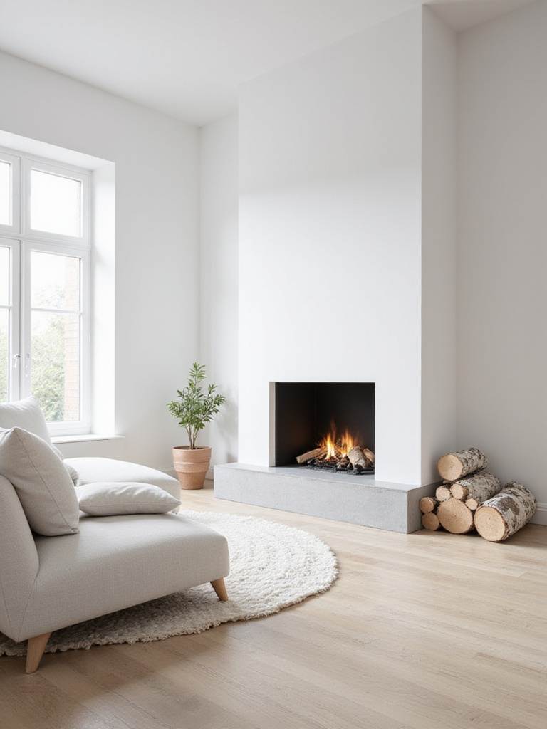 Scandinavian living room with a modern white fireplace as a focal point, creating a warm and inviting atmosphere.