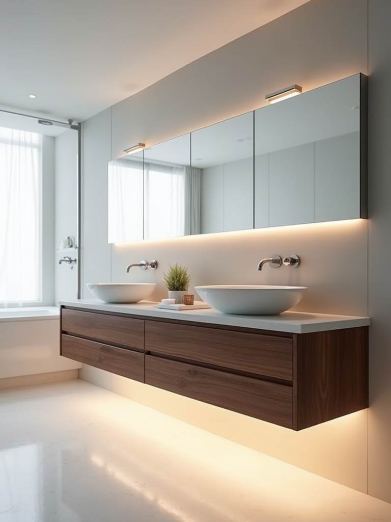 Modern bathroom with floating walnut vanity and LED lighting, creating a spacious feel.