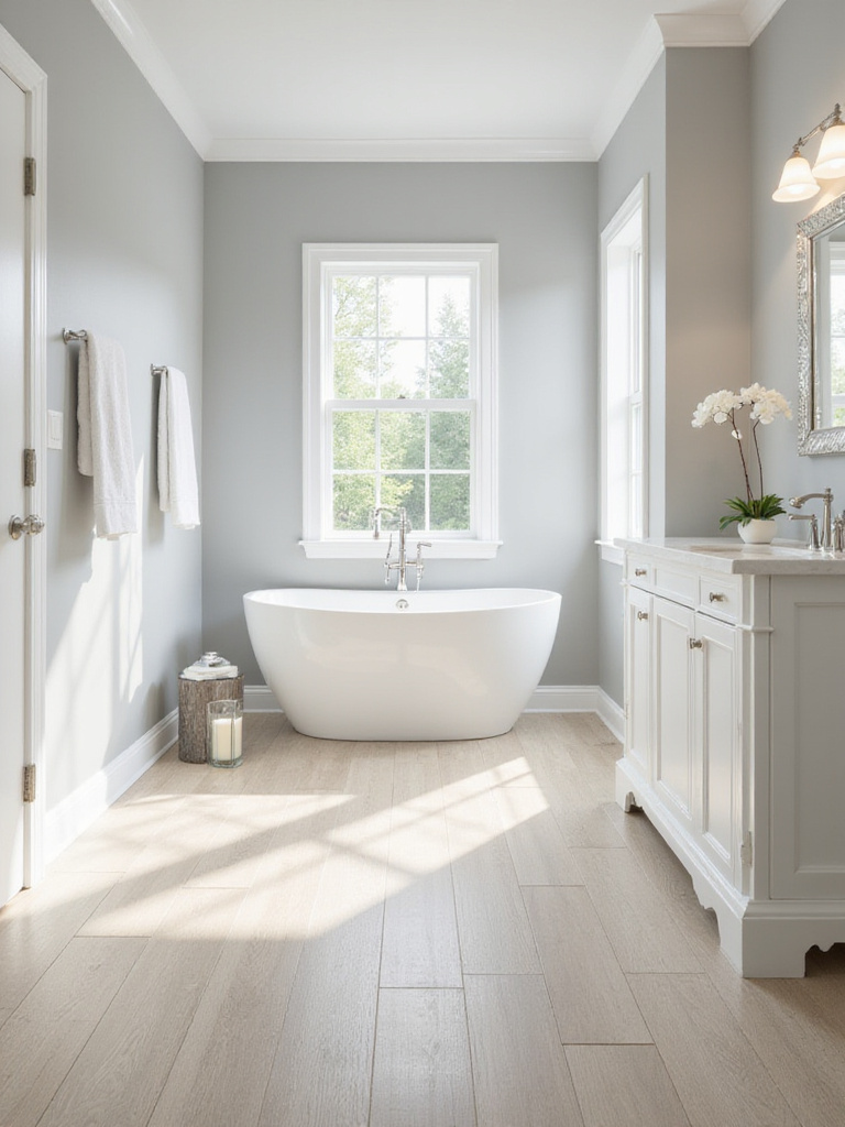 Affordable vinyl or laminate bathroom flooring in a modern bathroom setting