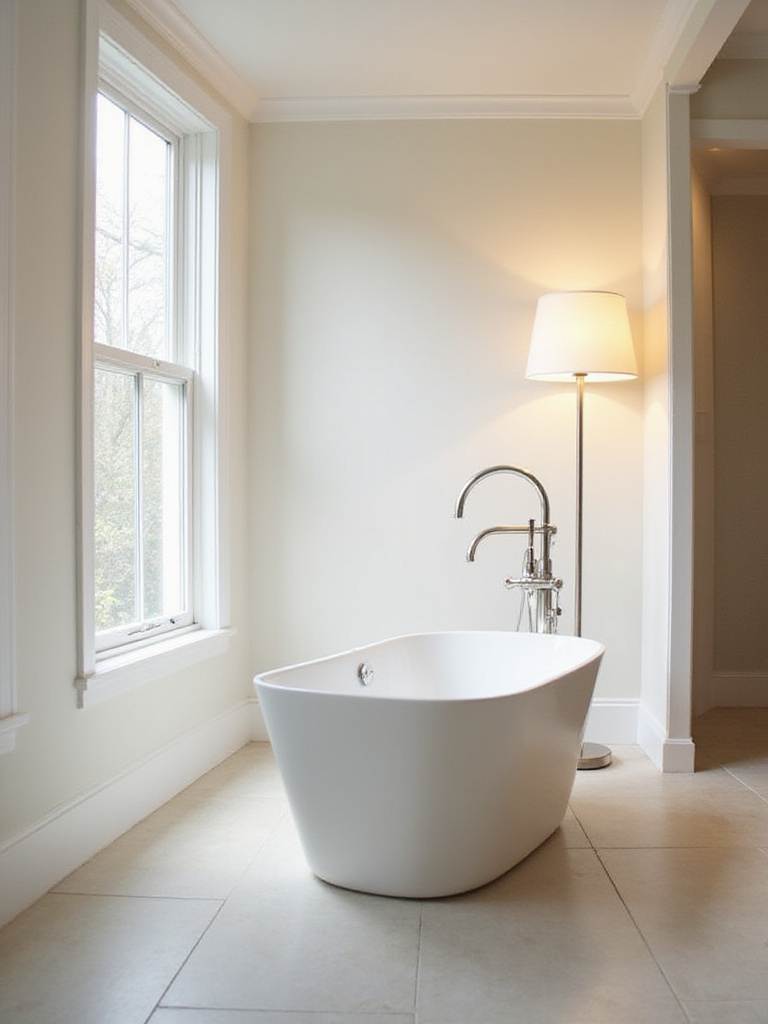 Modern bathroom with freestanding tub and elegant brushed nickel floor lamp.