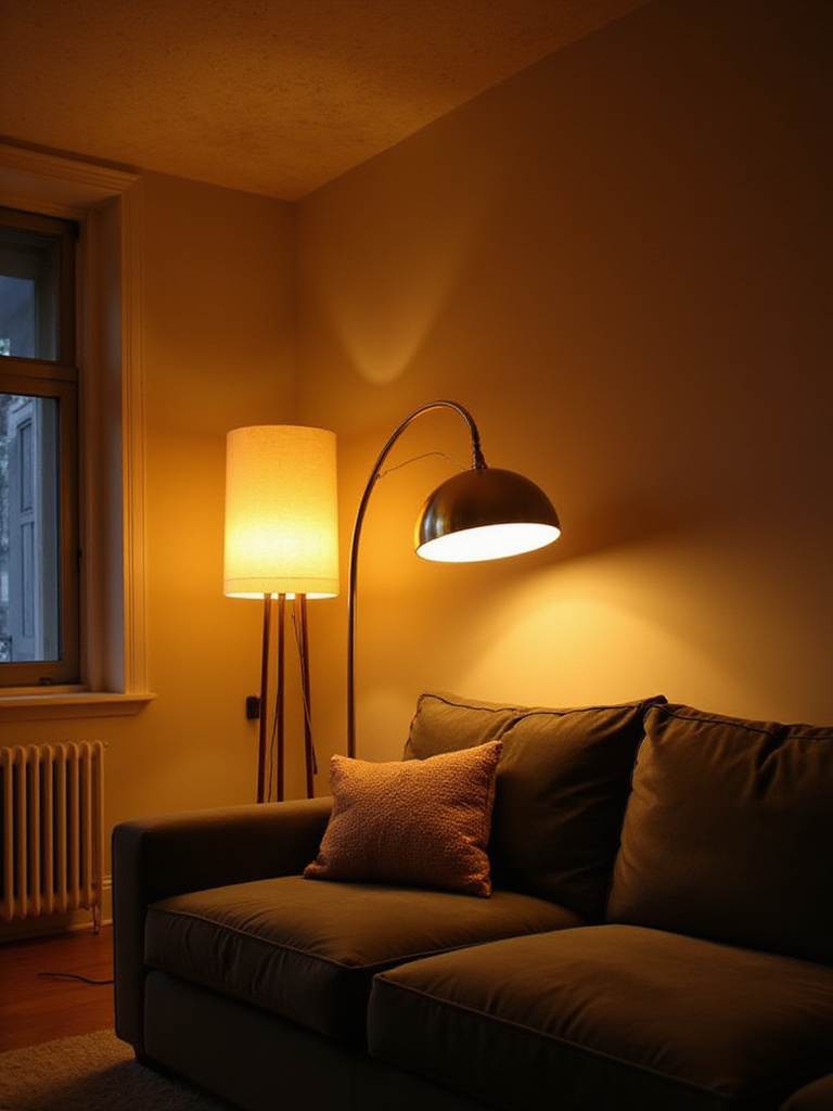 Living room with arc floor lamp and torchiere lamp providing ambient and task lighting.