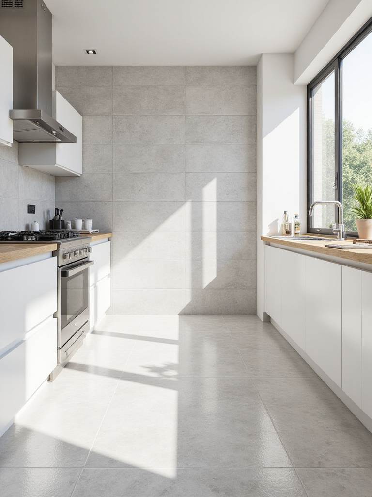 Modern kitchen featuring a stunning floor-to-ceiling light grey porcelain tile backsplash.